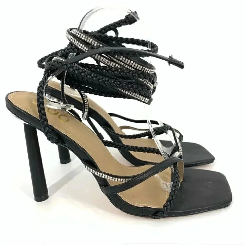 New Ego Heels Ss 9 Black Faux Leather Gem Braided Wrap Around Ankle Square Toe